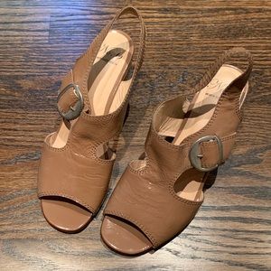 No. 6 Cleo block heel sandals in patent mocha